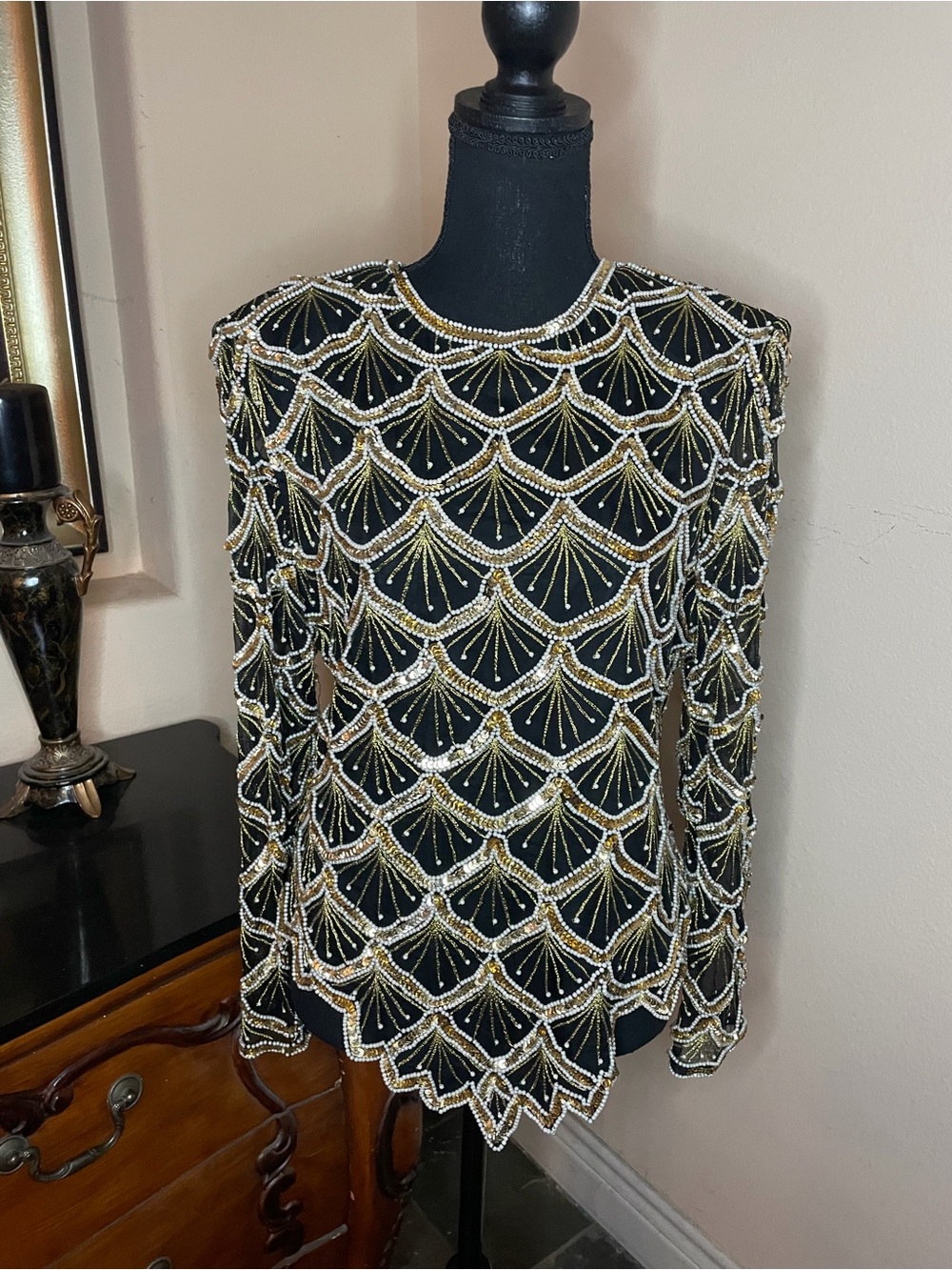 Vintage art deco beaded sequin Laurence Kazar black and gold long sleeve blouse